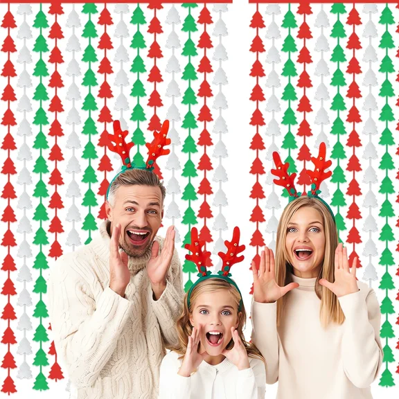 2-Pack Christmas Tree Tinsel Curtain, Red Silver Green Foil Fringe Backdrop for Christmas Party Decor, New Year's Eve Celebration Photo Booth Background
