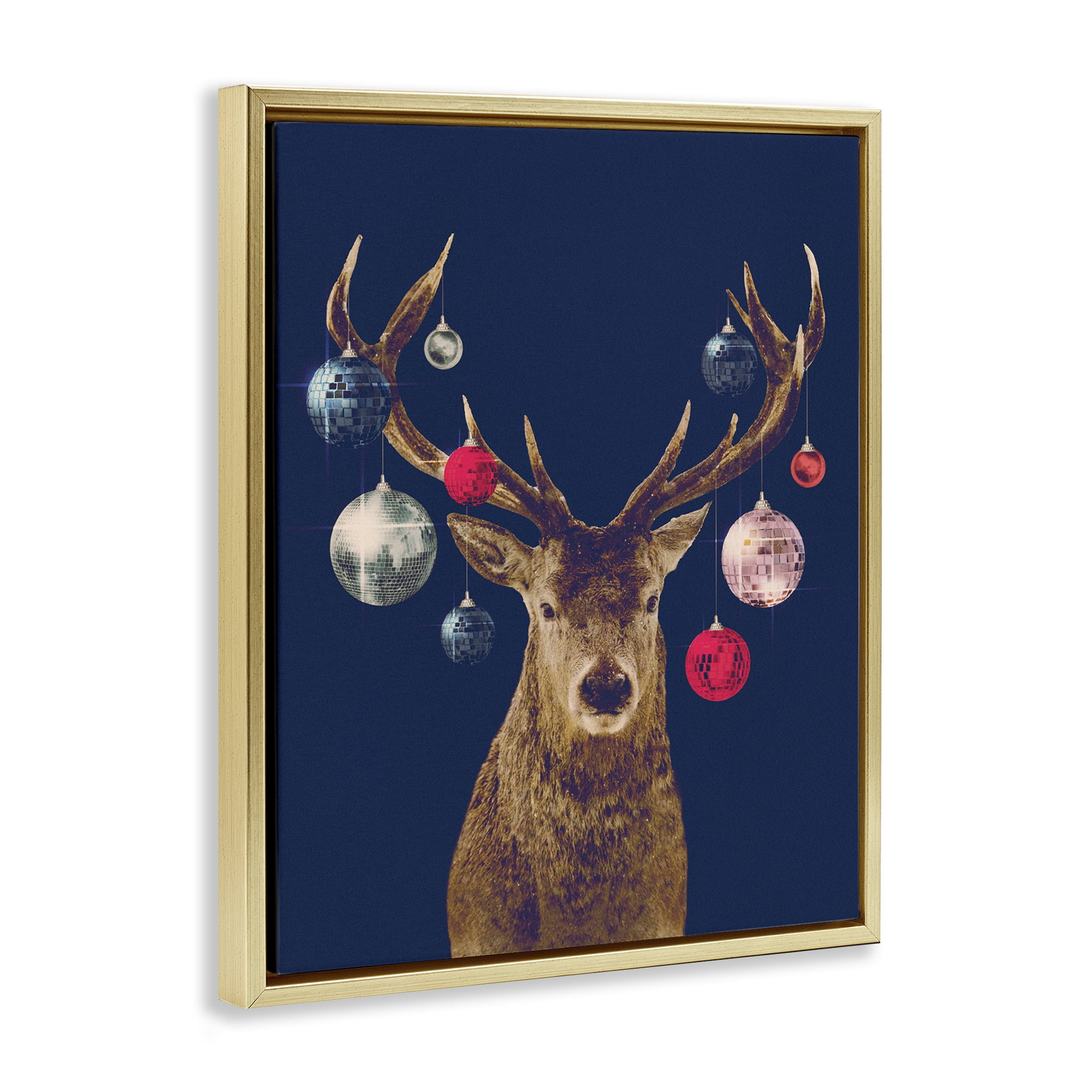 Stupell Industries Deer & Shining Ornaments Holiday Painting Gold Floater Framed Art Print Wall Art, 25 x 31