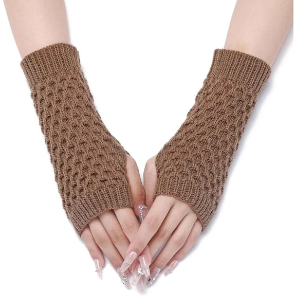 2 Pairs Winter Warm Fingerless Gloves Acrylic Knitted Fiber Yarn with Thumb Hole Camel 200x80mm Soft Comfortable Handwear