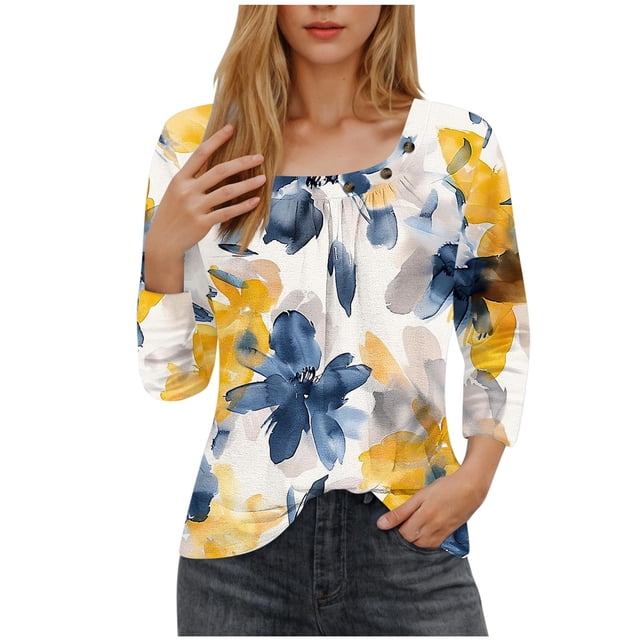 Blusas para las Mujeres Casual, 3/4 Manga Impresa Camiseta Top de Moda Hecha de Poliéster Suave Transpirable para el Uso Diario Casual de Verano, Tops de Blusa para las Mujeres