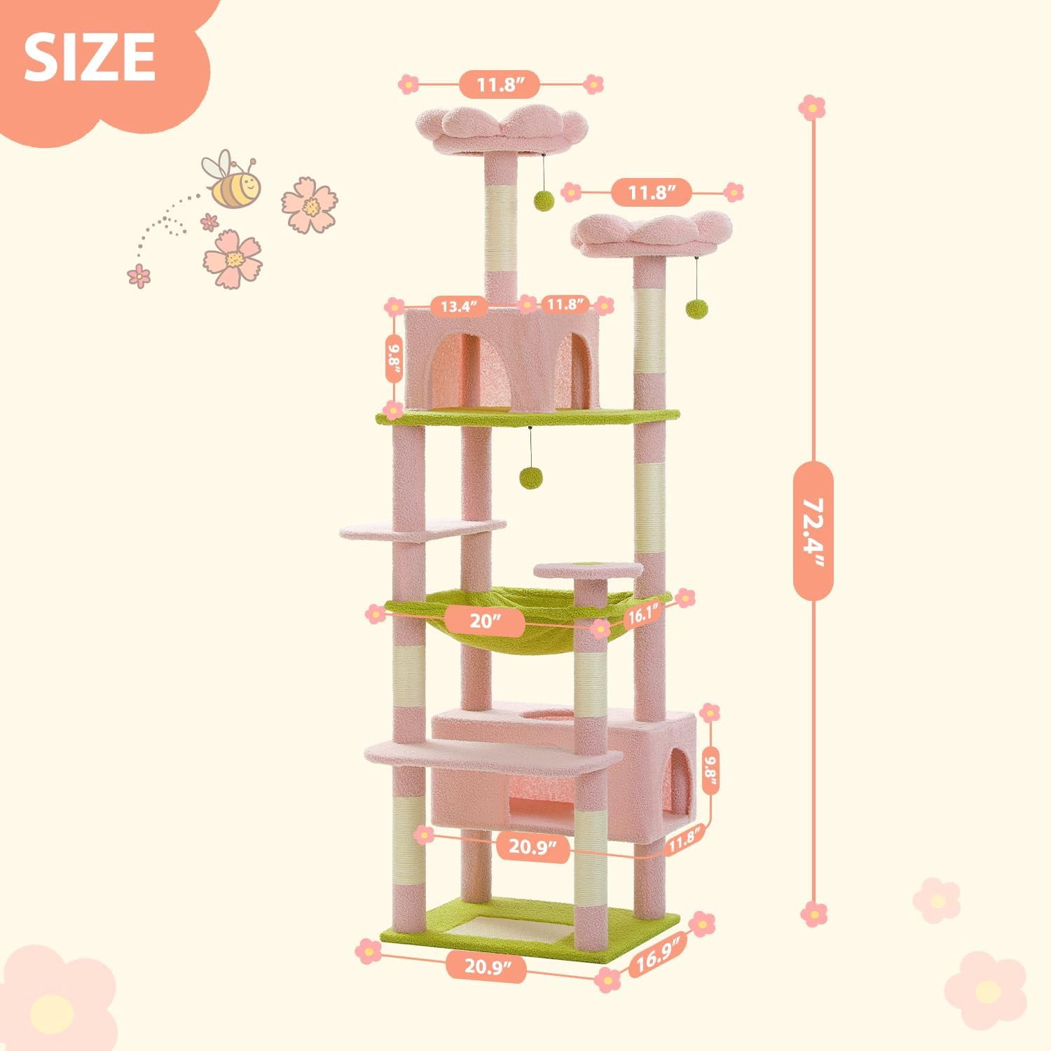 LEHOME Flower Cat Tree, 72 Inches Large Cat Tower with Steel Frame Hammock and 7 Scratching Posts, Tall Cat Tree with 2 Condos and Perches for Large Indoor Cats - Pink