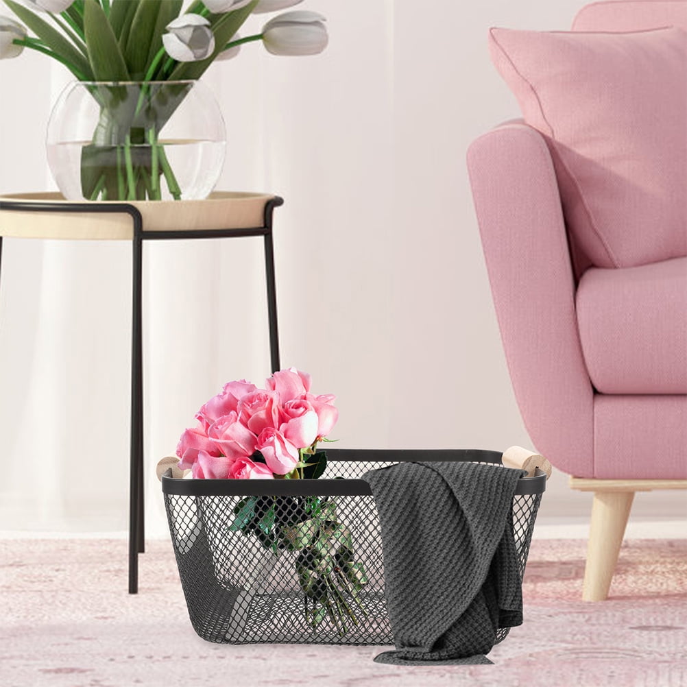 Soimiss 2Pcs Metal Mesh Storage Basket with Wood Handles Black Multifunctional Wire Organizer