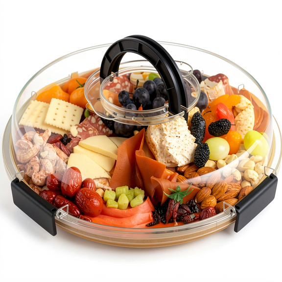 1 Set 13.5 Inch Round Charcuterie Board with Locking Lid, 5-Compartment Portable Cheese Board for Picnic and Party, 2.9 Inch Tall