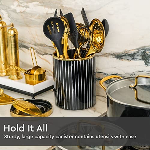 Black Gold Kitchen Utensils With Metal Gold Utensil Holder 17pc