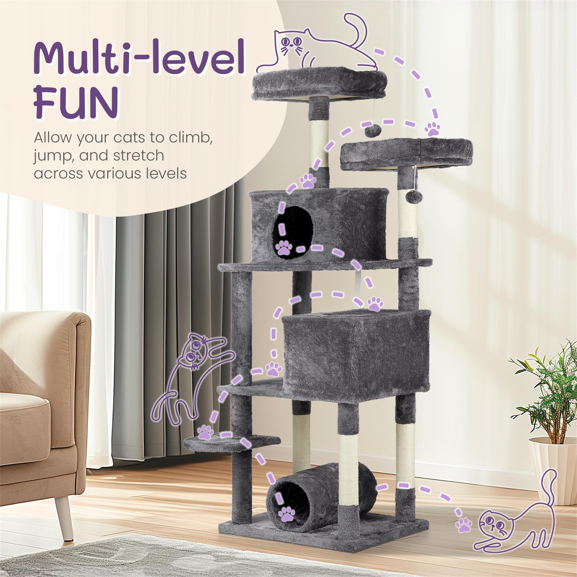 Kadyn 65" Large Cat Tree Tower, Cat Tree House for Indoor Cats with Padded Platform Bed, Toy Balls, Cozy Condo and Sisal Scratching Posts, Gray