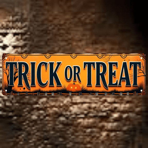 TRICK OR TREAT Tin Signs - 16x4 Inches - Ideal for Halloween, Living Room, Porch Decor - Vintage Metal Wall Art, Spooky Festive Vibe, Durable Indoor/Outdoor Use