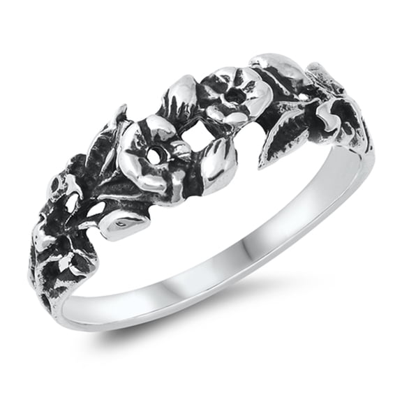 Ornate Oxidized Flower Leaf Ring .925 Sterling Silver Band Jewelry Female Male Unisex Size 6