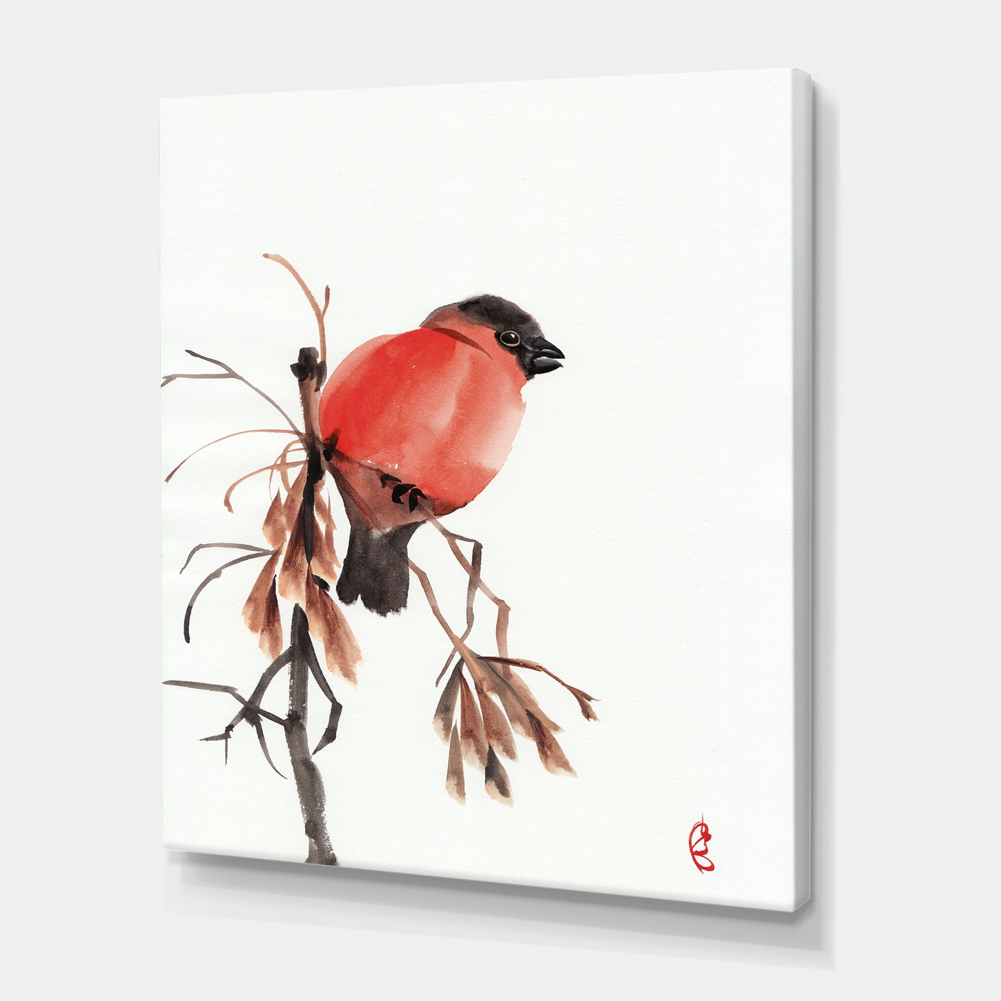 Red Bullfinch Bird Sitting On A Branch 16 in x 32 in Painting Canvas Art Print, by Designart