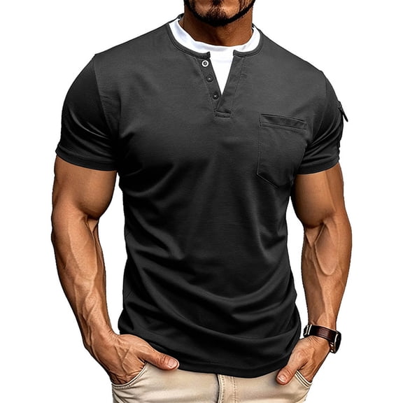 LIBRCLO Henley Shirts for Men Short Sleeve with Pocket Casual Crew Neck Shirts Fake Two Piece Tops
