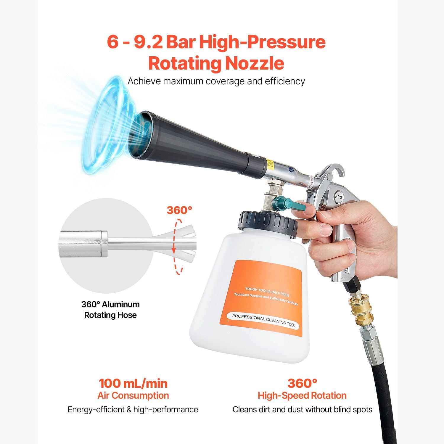 Vortex Cleaning Gun, High-Pressure Air Compressor Gun with 1L Tank, 360° Rotating Nozzle, Spray and Blow Modes, 6-9.2 Bar Pressure, for Car Interior and Exterior Cleaning