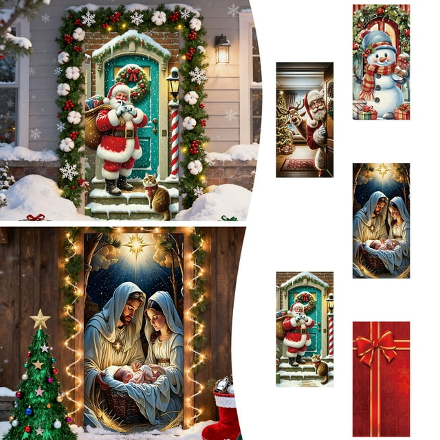 Christmas Door Banner | Holiday Decor Cloth with Nativity, Snowman, Santa | Reusable Polyester 90x185cm | Festive Home & Party Decor