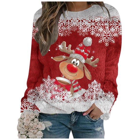 Wang6 Christmas Sweatshirts for Women Causal Long Sleeve Deer Printed Hoodless Pullovers Loose Fit Crew Neck Tops Tshirts Y_Red XL