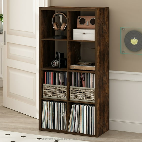 Furinno CUBICLE Vintage Vinyl Record Media Storage Organizer 8-Cube Amber Pine