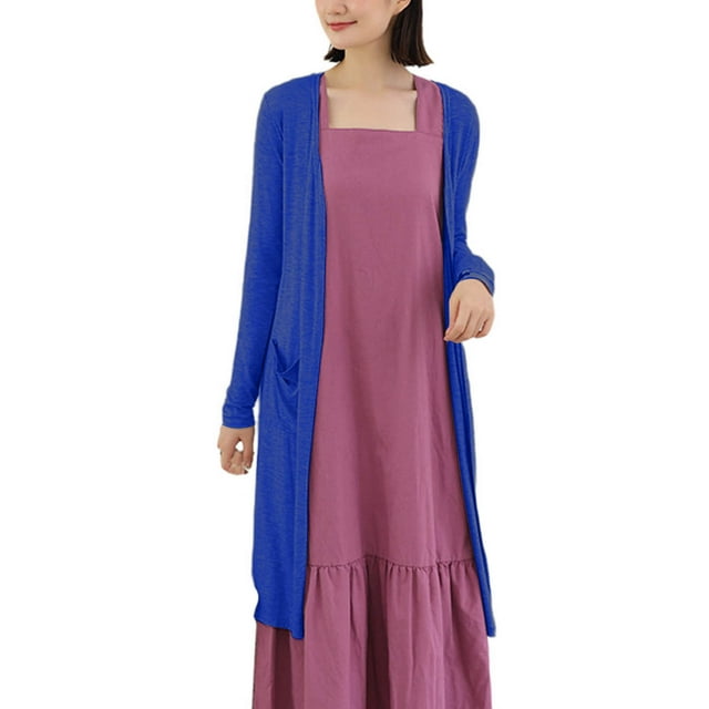 Womens Long Cardigan Light Weight Open-Front Soft Knit Cardigans Long Thin Coat with Pockets Blue One Size