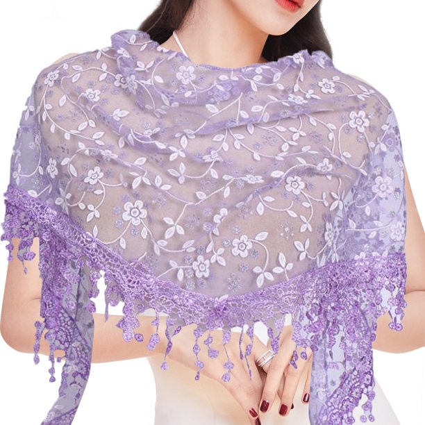 Elegant Women's Triangle Scarf with Tassel for Church, Weddings, and Bridal Events - Embroidered Lace Shawl with Bandana