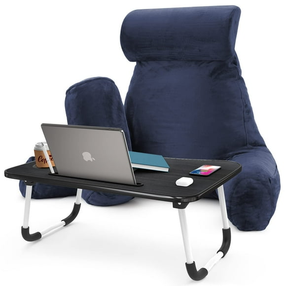 Nestl Reading Pillow with Portable Laptop Lap Desk, Velvet Feel Back Pillow for Sitting in Bed, Shredded Memory Foam Back Support Pillow for Bed, Bed Rest Pillow with Arms, Large - Navy