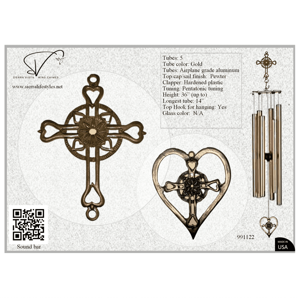Wind Chime - 36in Cross/Heart - Gold Tube