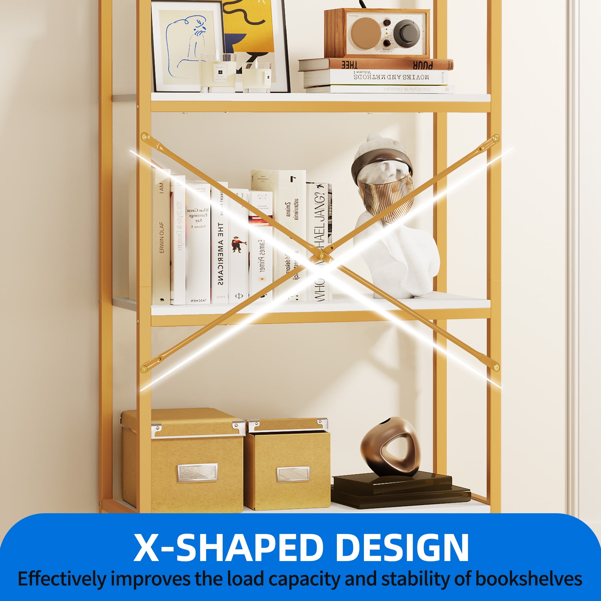 Dextrus 4 Tier Arched Bookshelf and Bookcase, Gold Modern Open Book Shelf, Mental Frame Storage Display Rack Shelves Organizer for Bedroom Living Room Office White& Gold