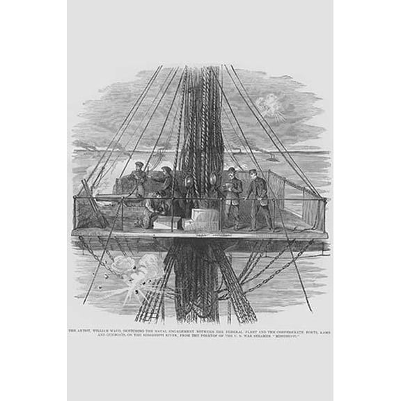 Artist Waud on Board the "Mississippi" sketches Battle between Confederate Forts & Federal Fleet-Fine Art Canvas Print (20" x 30")