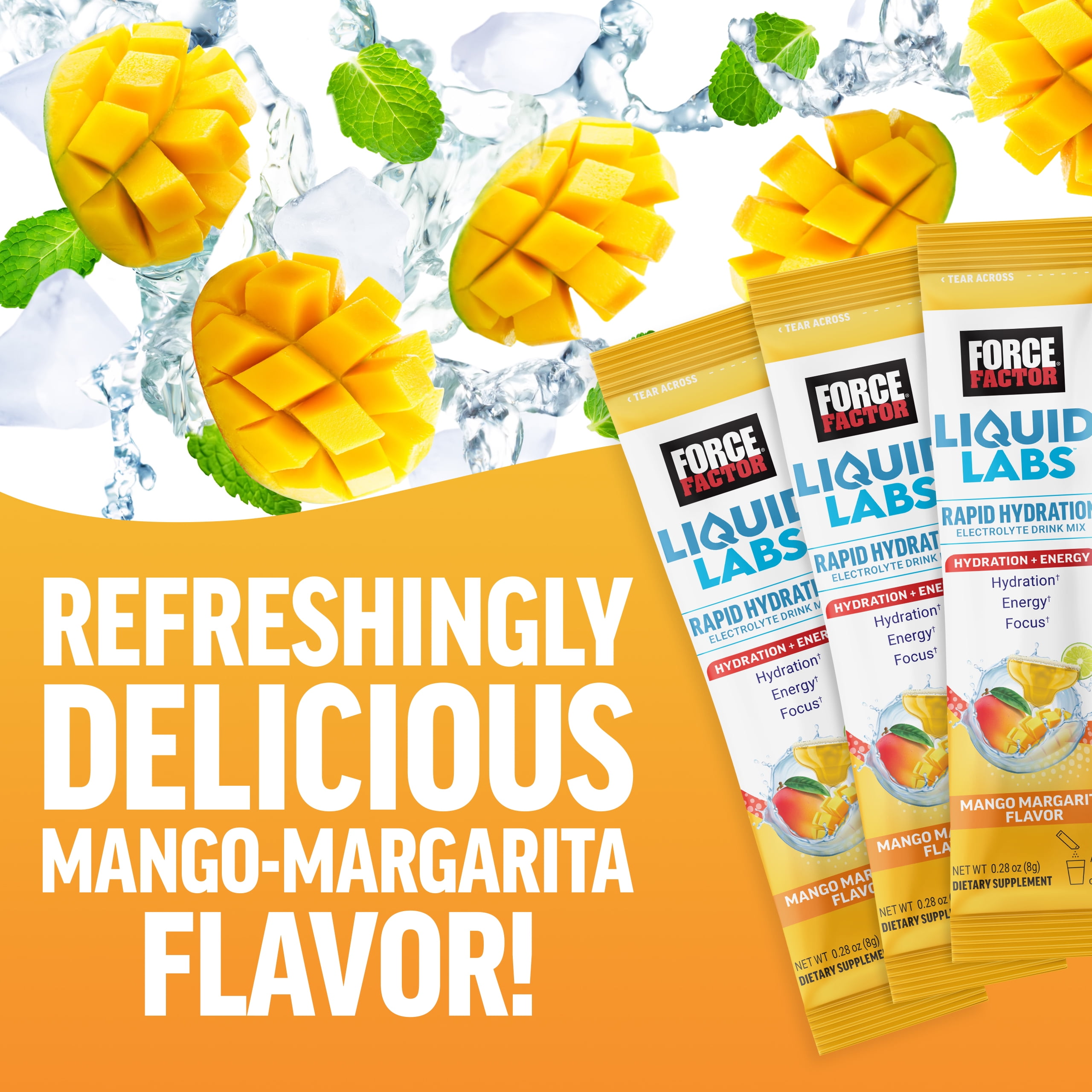 Force Factor Liquid Labs Energy Electrolyte Powder, Hydration Powder with 5 Electrolytes, Vitamins & Minerals, Mango Margarita, 20 Stick Packs
