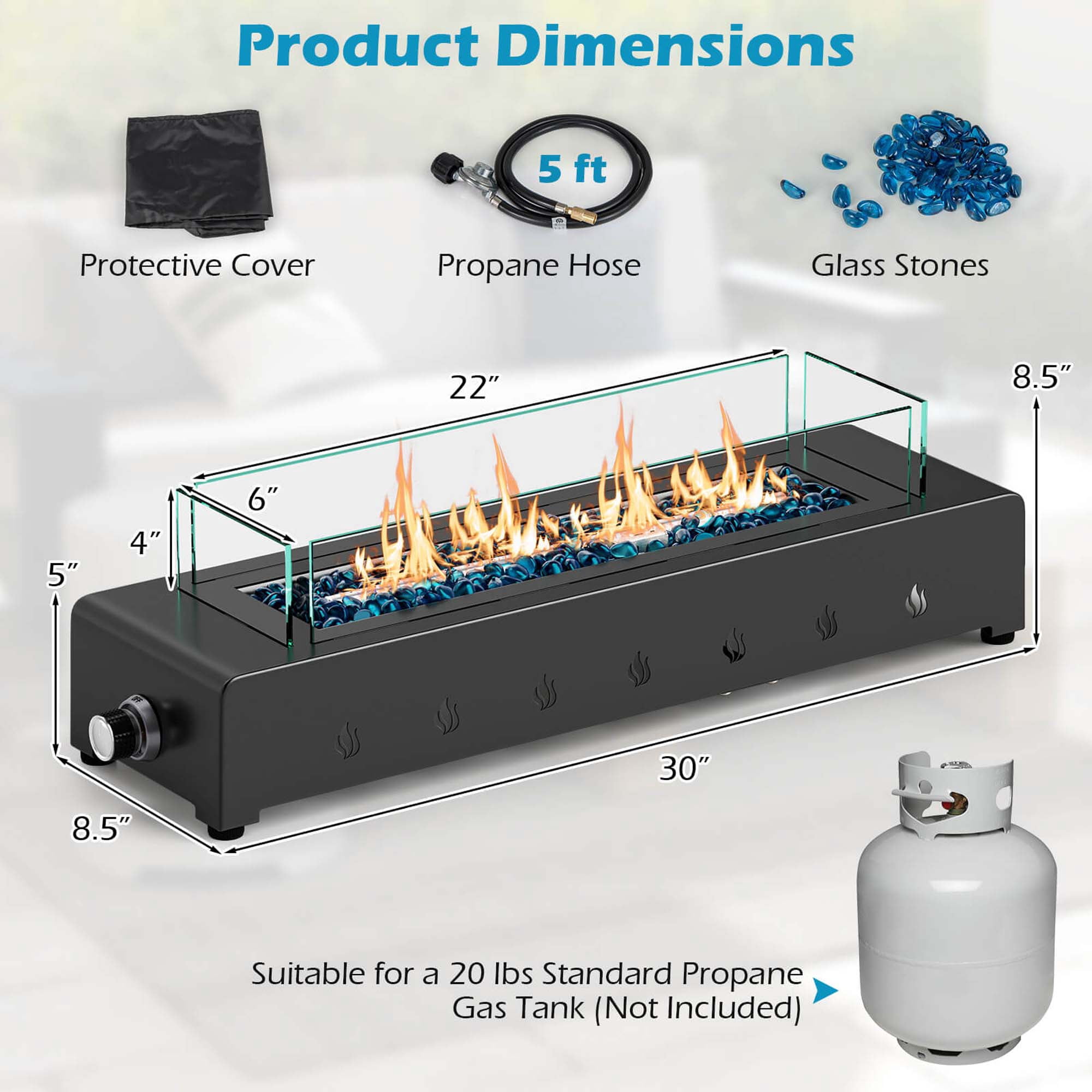 Costway 30" Tabletop Propane Fire Pit with Wind Guard Glass Rocks Stainless Steel Burner