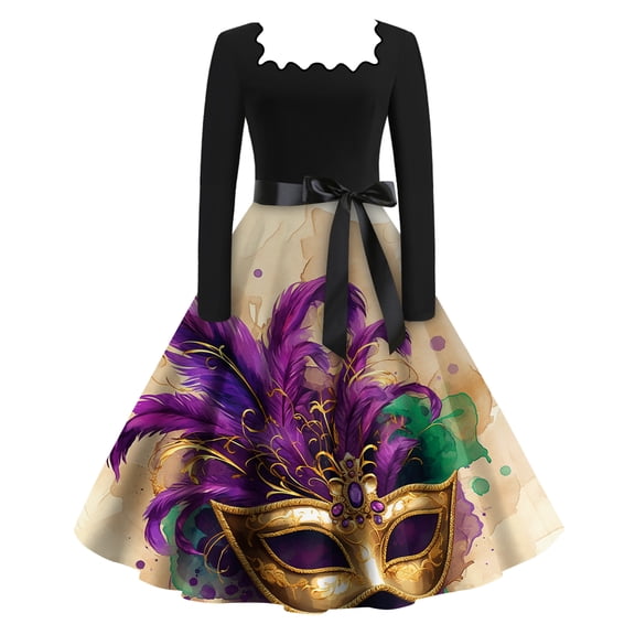 Fgvctg Mardi Gras Dress Party for Women Parade Cocktail 50's Midi Dress Glitter Mask Print Square Neck Dresses Oversized Vintage Carnival Long Sleeve Clothing Pretty Outfit Dark Purple XL