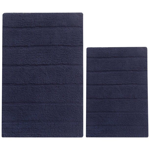 2 Piece Soft Texture Cotton Bath Rug Set, Navy Blue