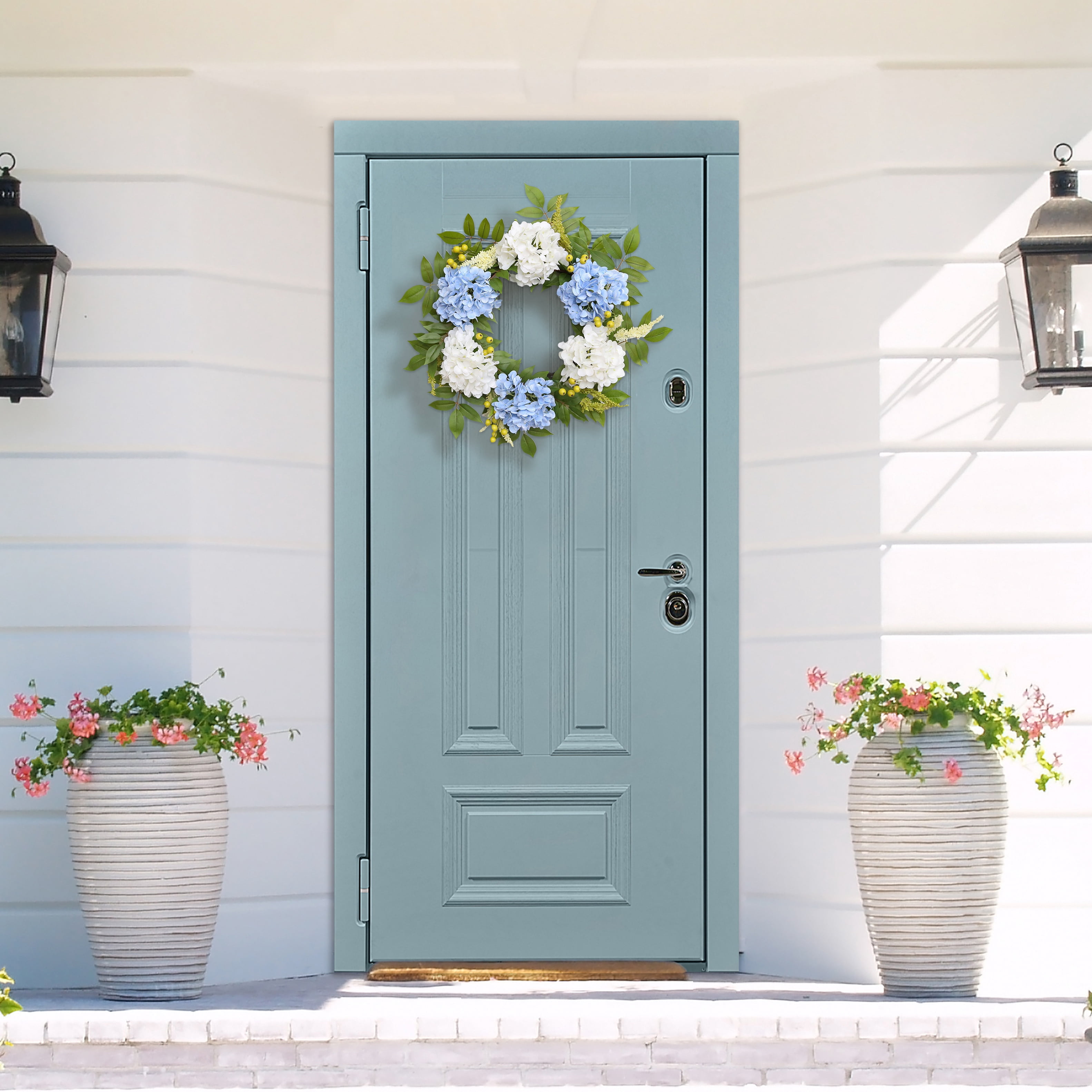 My Texas House Blue And White Artificial Hydrangea Wreath, 24"