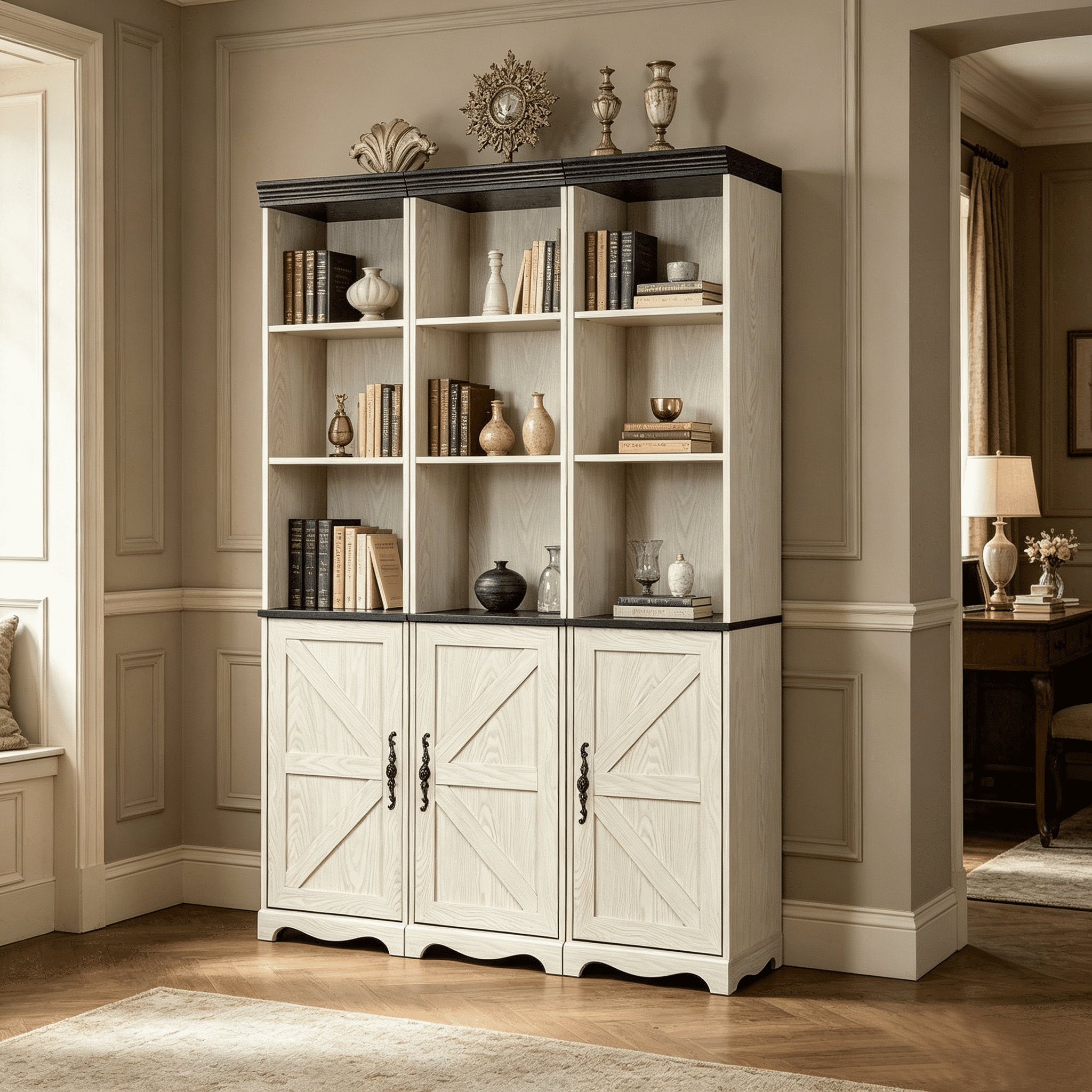 71" 3 Pcs Combined Storage Bookshelf Cabinet, 3 Tier Bookcase with Adjustable Shelf and Closed Cabinets