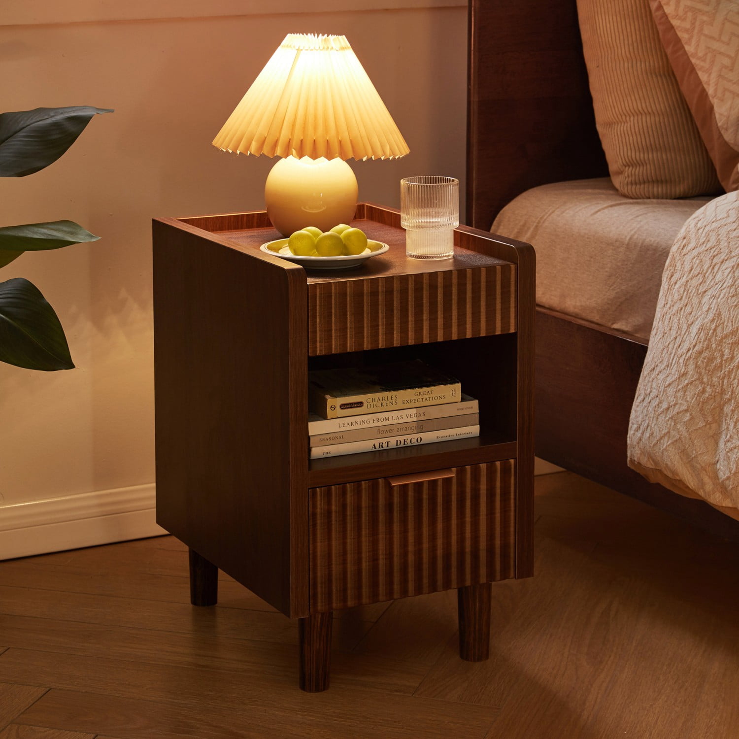 Set of 2 Walnut Brown Fluted Nightstands with Drawer and Open Storage, Modern Wood Bedside Tables, Side End Tables for Bedroom, Living Room, Home Decor