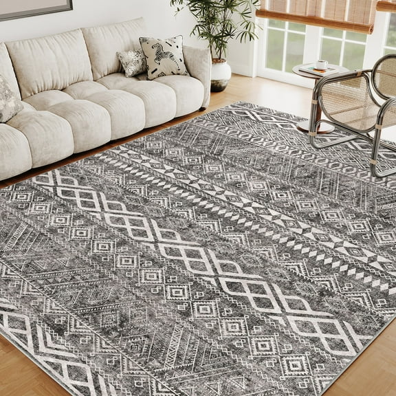Berthmeer 5'x7' Vintage Moroccan Boho Rug - Non-Slip Washable Low Pile Area Rug for Living Room, Bedroom, Kitchen | Distressed Geometric Pattern in Gray