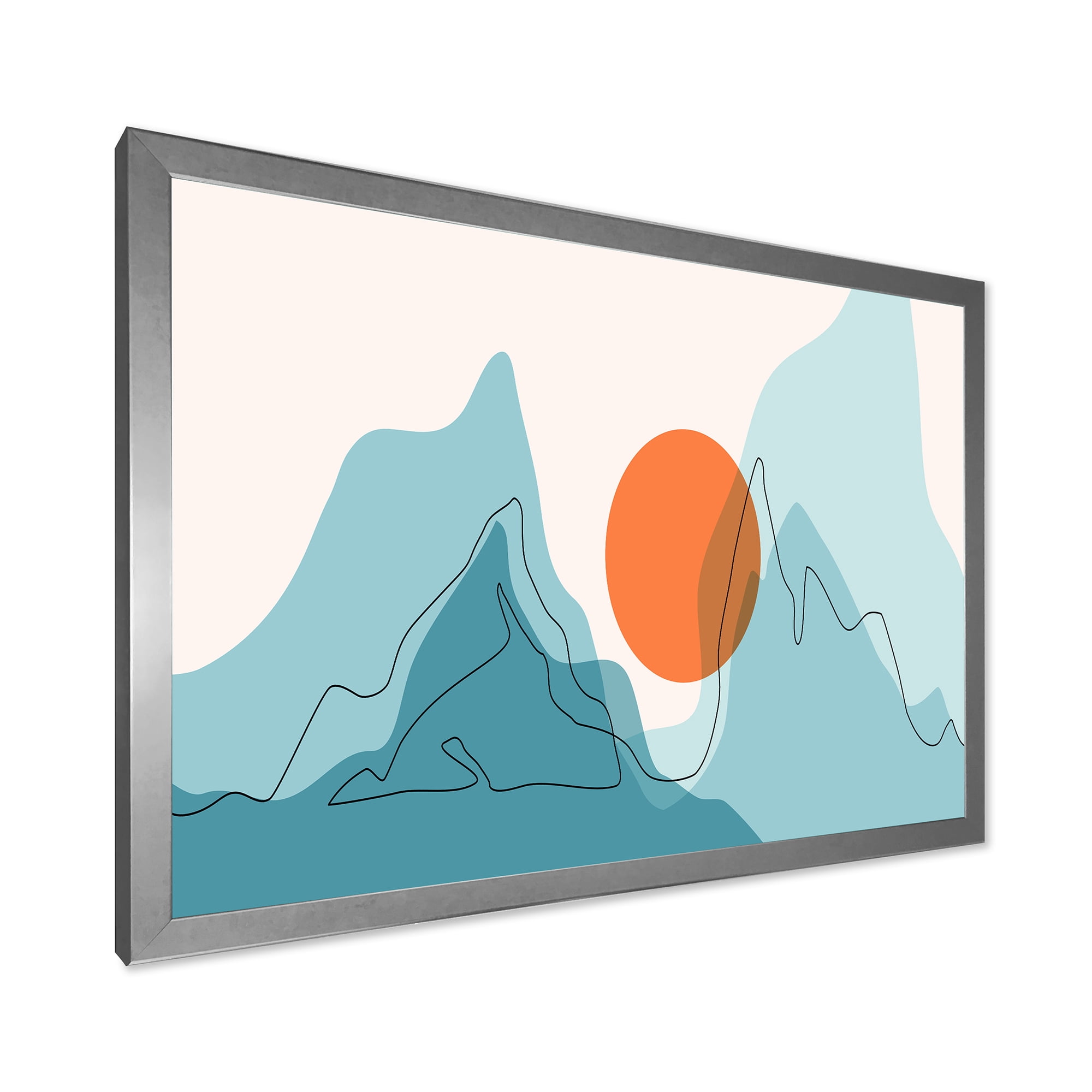 Designart 'Abstract Blue Mountains With Red Moon I' Modern Framed Art Print