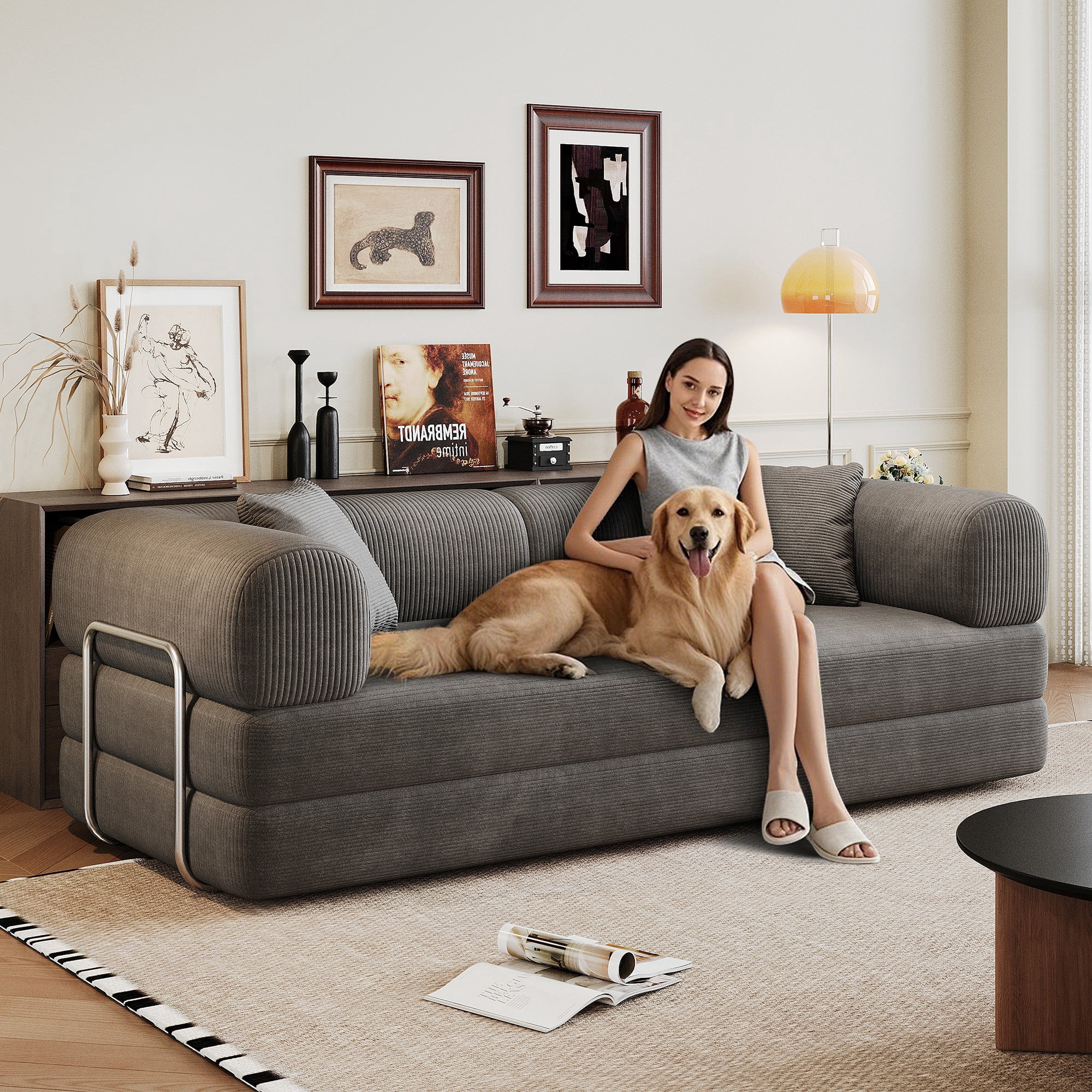 78.8" Compression Sofa Bed, Convertible Floor Futon Couch with Pillow & Armrests, Modular Corduroy Sofa, Grey