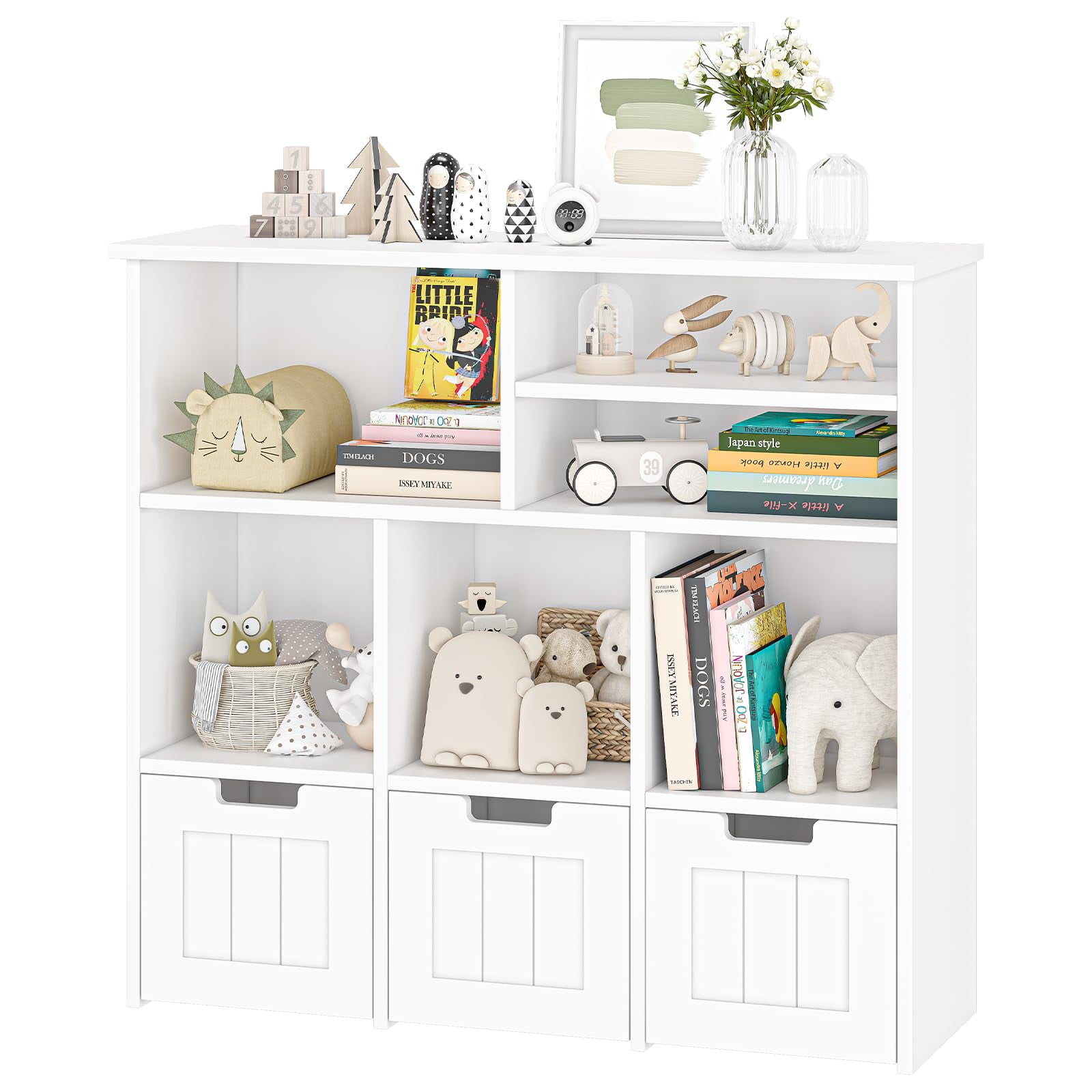 Juiluna Toy Storage Cabinet with 3 Movable Drawers & 6 Cubes, Children's Toy Shelf Kids Bookshelf with Hidden Wheels, Kids Bookcase Toy Storage Organizer for Bedroom & Playroom & Nursery