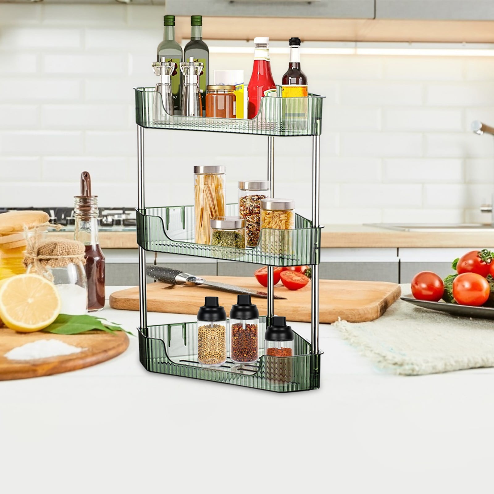 CMYYNNA 3-Tier Corner Bathroom Counter Organizer, Plastic Makeup Skincare Organizers Storage Countertop, Sink Vanity Trays Perfume, Cosmetic Shelf for Bedroom, Dresser, Kitchen (Green)