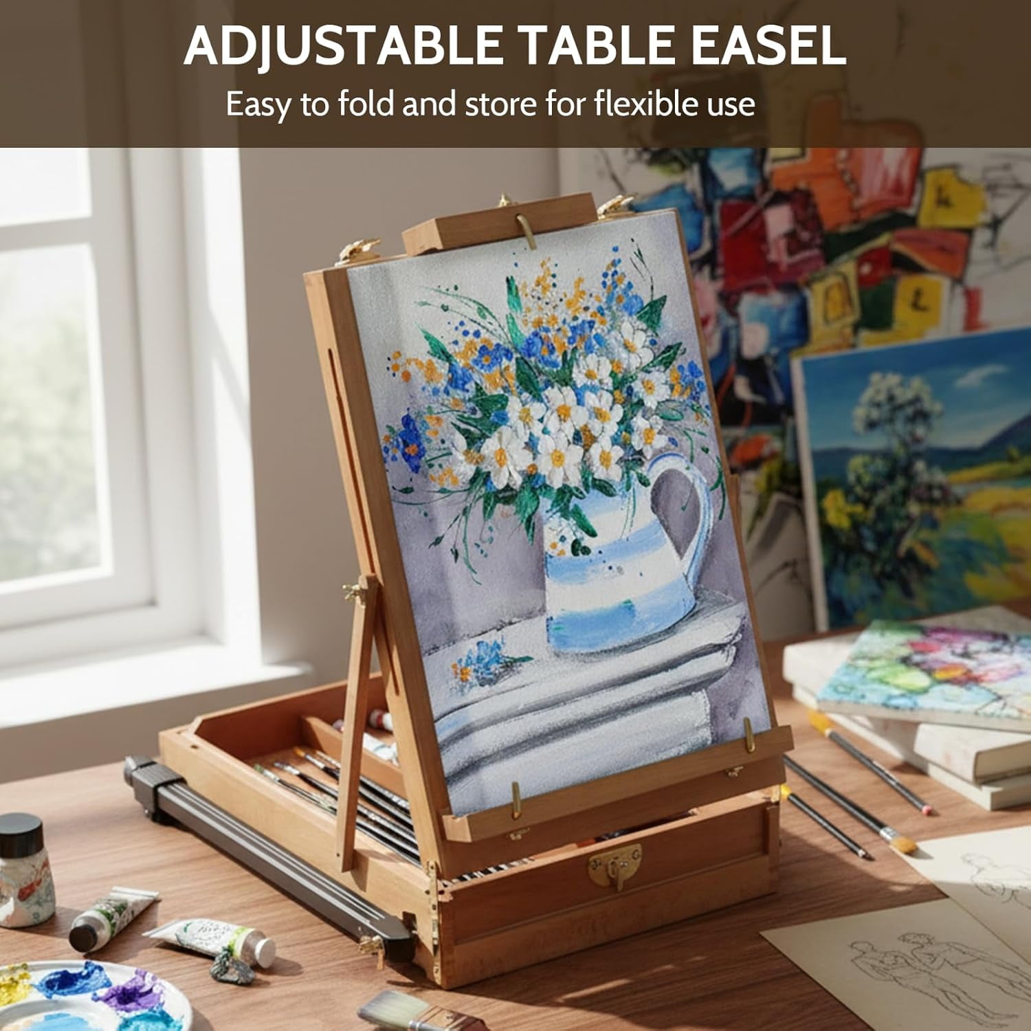 LAVFOX Lightweight French Style Field Easel with Aluminum Tripod, Adjustable Beechwood Standing Sketchbox Easel with Storage Drawer and Palette for Artists