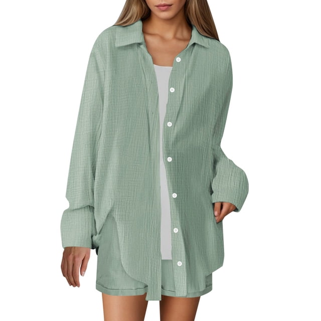 Conjunto de camisa y pantalones cortos de mezcla de lino liso para mujer: conjunto informal de dos piezas, tejido transpirable, tallas S-XXL, contorno de pecho 112-132 cm.