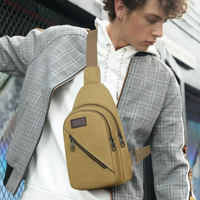 Canvas Chest Bag Crossbody Backpack | Large Capacity Zipper Design | Adjustable Strap, Khaki Black Green Coffee, 30x17x5cm
