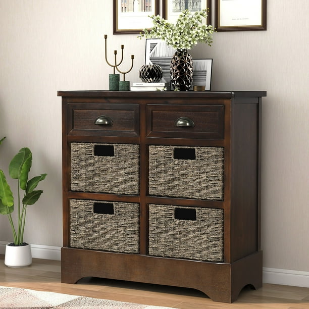 Aukfa Farmhouse Wood 2 Drawer, 4 Cube Storage with 4 Rattan Baskets, Console Table, Espresso
