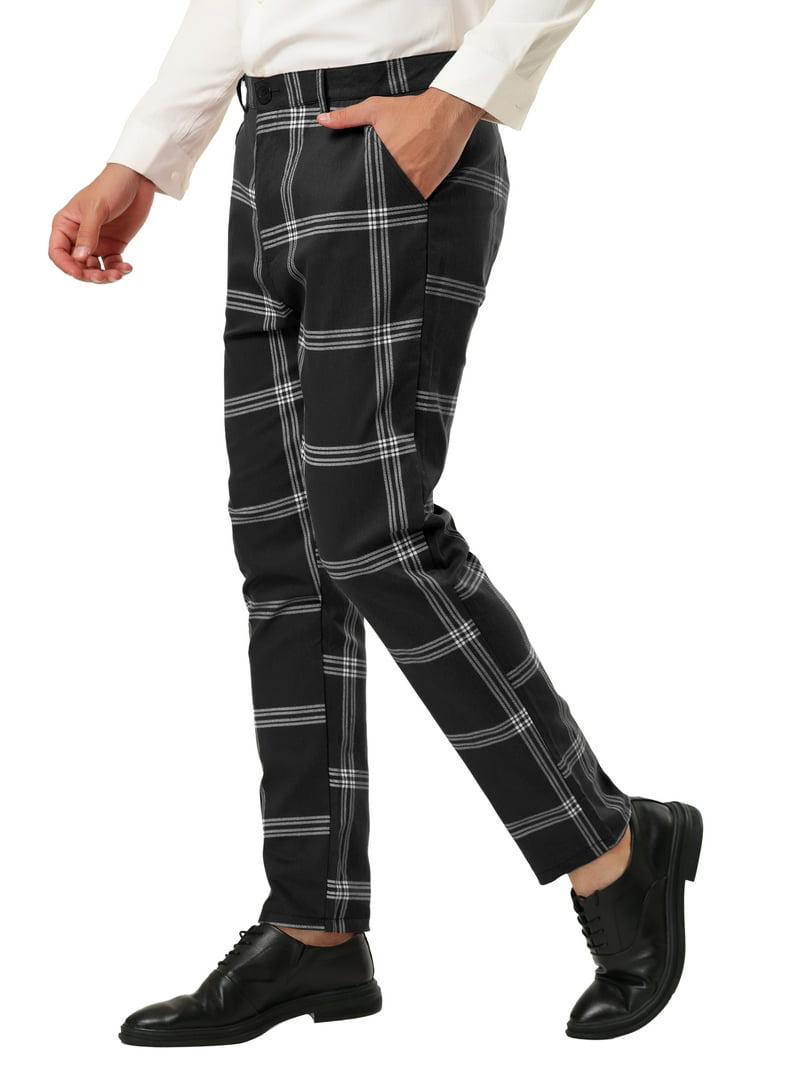 Unique Bargains Men's Business Plaid Pants Casual Slim Fit Flat