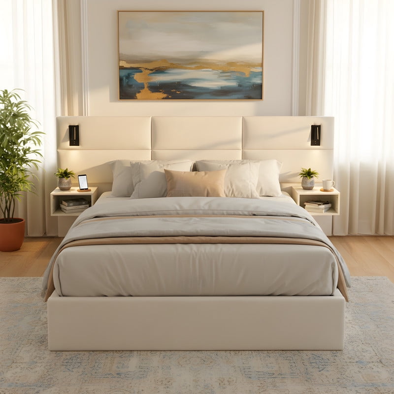 Queen Size Upholstered Bed Frame with 2 Reading Lights on Large Headboard, Storage Platform Bed Frame with 2 Open Shelves