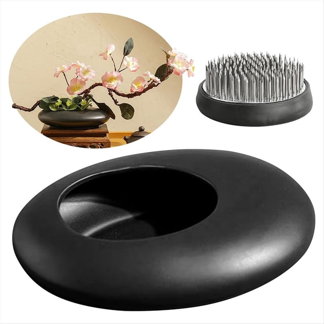 Juego de Jarrones de Cerámica Sentimental, Cuenco para Arreglos Florales con Forma de Guijarro y Soporte para Tallo de Rana con Forma de Rana de 2 Pulgadas, Color Negro