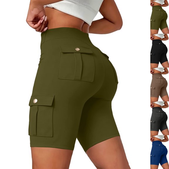 Womens Biker Shorts with Pockets Tummy Control Butt Lifting high Waisted Yoga Shorts Running Workout Booty Gym Short Army Green L