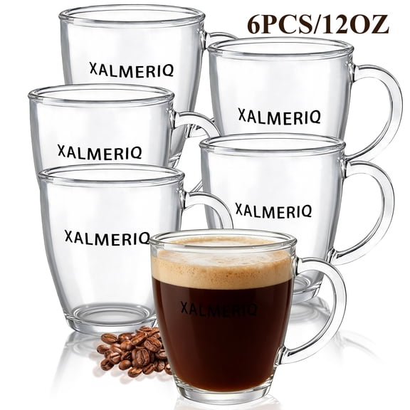 XALMERIQ Glass Coffee Mugs Set of 6, 12oz Clear Coffee Cups with Handle, Tea Cup Set for Hot/Cold Beverages, Glass Mugs for Tea, Latte, Cappuccino, Juice, Smoothies