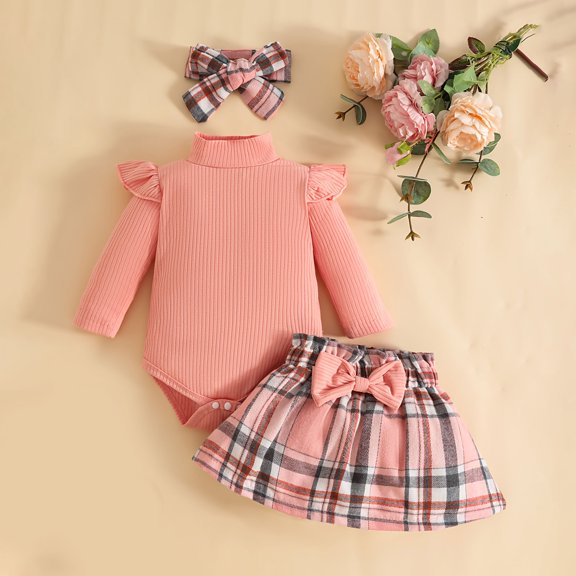 YWIYIUD InfantBaby Girl Clothes Sets 3PCS Fall Winter Ruffle Sleeve Ribbed Romper Plaid Mini Skirt Headband Set for Toddler Girls Bow Skirt with Headband Outfits InfantBaby Girl Clothing 3-6 Months