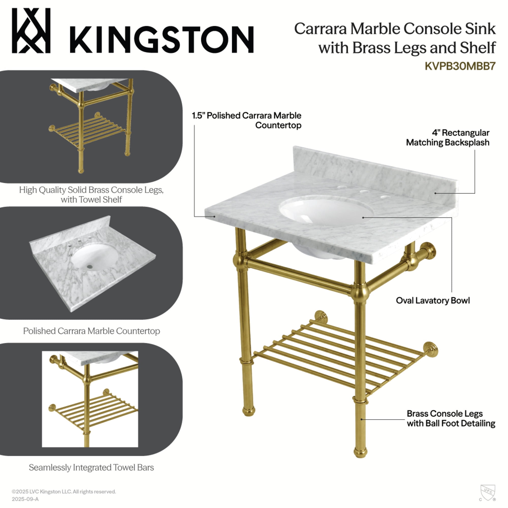 Kingston Brass KVPB30MBB0 Templeton 30" Rectangular Brass, Marble Console Bathroom Sink -