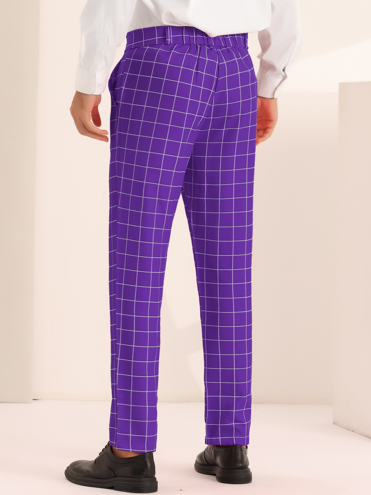 Unique Bargains Men's Plaid Pants Slim Fit Business Checked Printed Dress Trousers 36 Purple