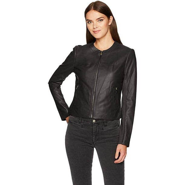 Via Spiga Women's Collarless Leather Jacket, Black/Ponte Back, Large -  Walmart.com