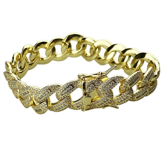 Men's 18K Gold Plated Cuban Bracelet Iced Baguettes Micro Pave Bling 8" Inch x 15MM Thick