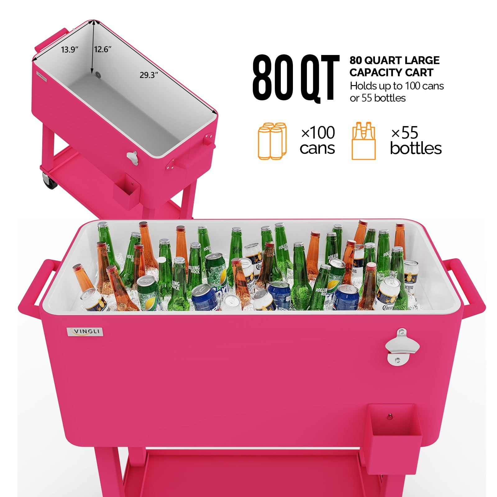 Ktaxon 80 Qt Rolling Ice Chest Cooler Cart Outdoor Trolley with Storage Shelf, Bottle Opener & Cap Collector for 48 Hour Cold Drinks,Bright Pink